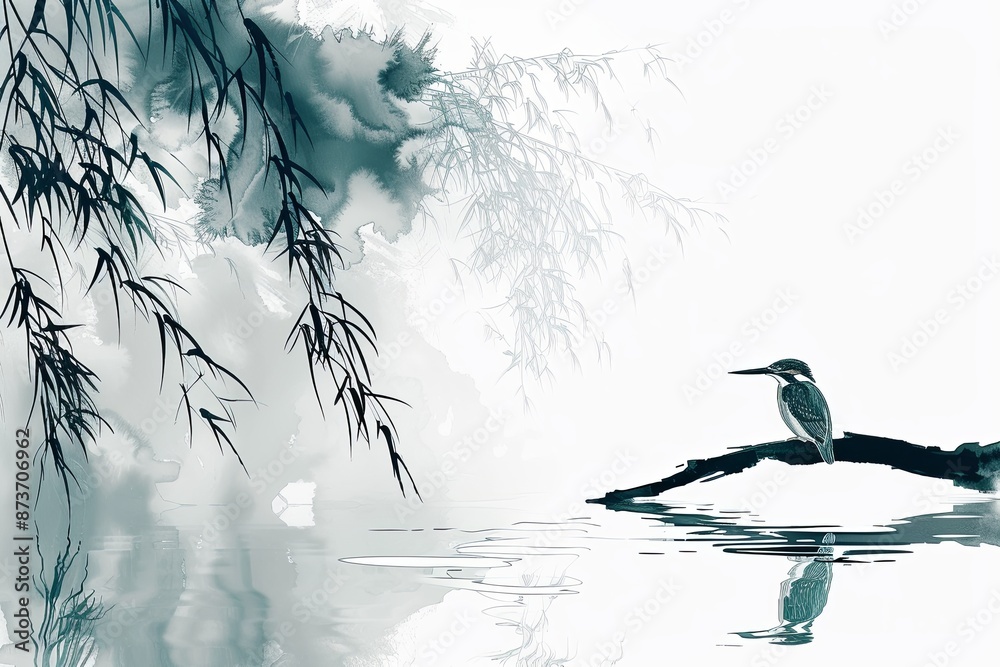 Wall mural A bird is sitting on a branch in front of a body of water