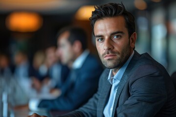 Fototapeta premium Man, workplace meeting, excluded from conversation, medium shot, corporate environment, bright office lighting, professional attire, social dynamics, sharp focus.,