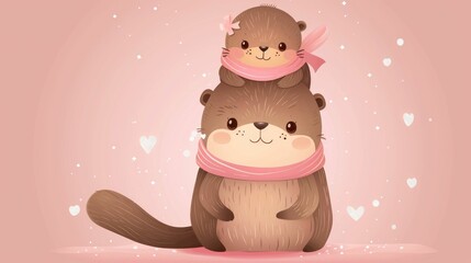 Fototapeta premium Cute illustration of two otters, one big and one small, with pink scarves on a pink background with hearts.