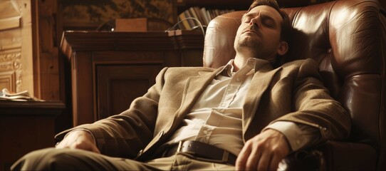 Naklejka premium Tired businessman in a suit resting on a leather chair in his office, experiencing fatigue or relaxation during a break.