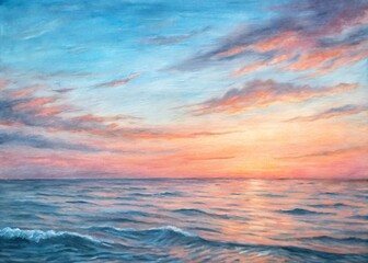 Obraz premium Softly illuminated twilight sky with hues of pink and orange casts a warm glow on the vast expanse of turquoise sea water and gentle rolling waves.