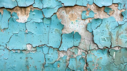 Close-up of peeling paint revealing layers on a blue wall.  