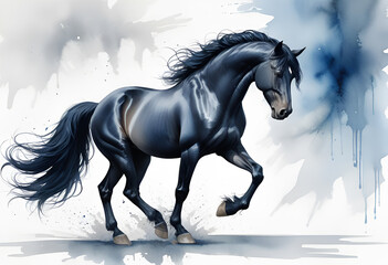 Creative watercolor of magnificent black Friesian horse, flowing mane and tail, pastel soft tones, cold light.