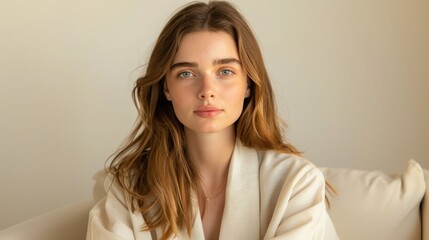 Obraz premium Portrait of a Young Woman with Long Hair Sitting on a Sofa in Natural Light