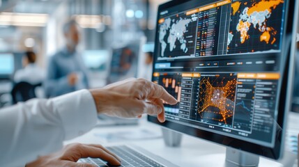 Professional analyzing data on multiple monitors in a modern office environment, showcasing global statistics and information graphics.