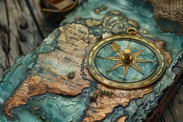 Naklejka premium Old golden compass lies on a weathered map, evoking a sense of adventure and discovery