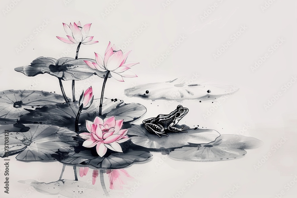 Canvas Prints A painting of a pond with a frog sitting on a lily pad