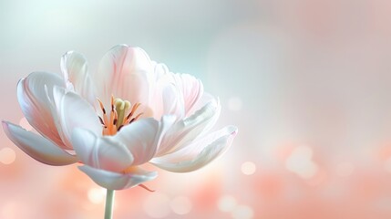 Fototapeta premium Delicate white flower with pink accents, softly focused on a pastel background, evoking tranquility and beauty in a serene setting.