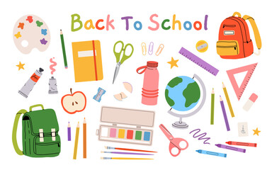 Cute school stationery and Art Supplies big Set, cartoon style. Kawaii accessories for study, student equipment. Back to school. Trendy modern vector illustration isolated on white, hand drawn, flat