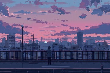 A cityscape aglow with the last rays of sunlight. Someone paints a canvas on a rooftop studio, capturing the essence, Generative AI