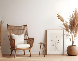 Mockup poster frames on the wall of room. Modern Interior mockup. Apartment background. Modern Japandi interior design. 3D render