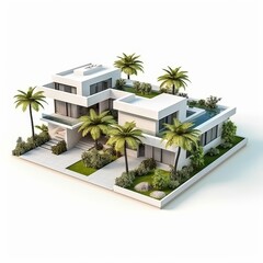 Fototapeta premium Modern luxury houses with innovative designs and green surroundings.