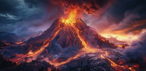 Erupting Volcano With Lava Flow and Smoke Under Cloudy Sky