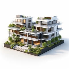 Modern luxury houses with innovative designs and green surroundings.