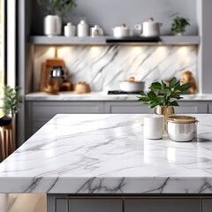 White marble counter top table for product display blurred luxury kitchen background, AI generated