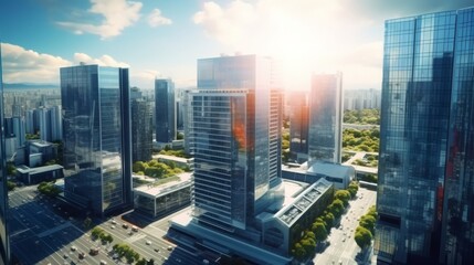 Obraz premium Modern city skyline with skyscrapers, office buildings, and streets bathed in sunlight. Concept of business, finance, urban development, and architecture.