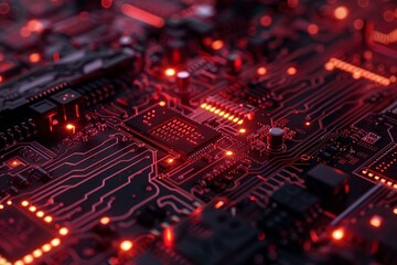 Obraz premium Closeup of an illuminated red circuit board with detailed electronic components