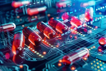 Futuristic pharmaceutical technology concept with digital circuit board 3d illustration for modern medicine and healthcare innovation