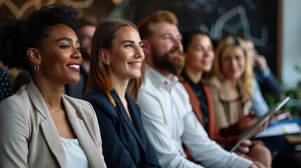 In the workplace, a varied group meets with AI interfaces and avatars displayed on screens for a business discussion AIG62