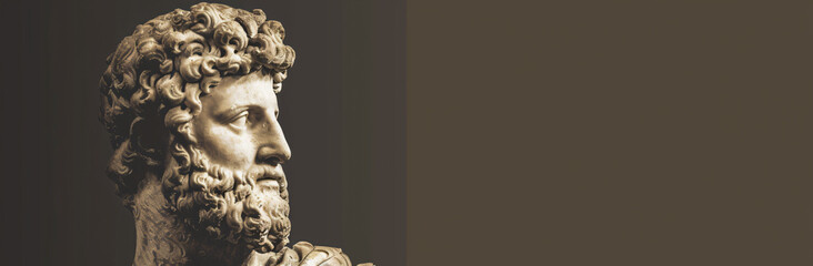 A sepia photo of an ancient Greek statue with copy space on the right side, isolated against a black background. The figure is made from white marble and has curly hair and a beard