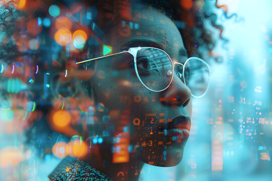 Close up business woman looking digital binary code interface Modern cyber reality future technology