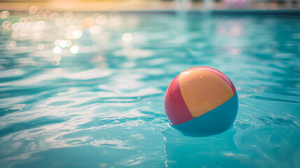 Close up of colorful beach ball floating on the water in swimming pool with blurred background, summer vacation concept