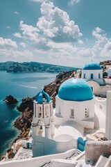 Obraz premium A beautiful blue and white building with a blue dome on top, standing majestically on a hillside, offering stunning views of the Mediterranean Sea, is the epitome of a Greek holiday.