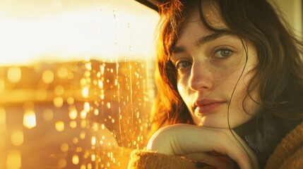 A young woman sitting by a rainstreaked window her chin resting on her hand with a soft smile and faraway look in her eyes illuminated by the gentle golden light of the setting sun