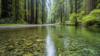 Fototapeta premium A tranquil forest scene featuring towering redwood trees their branches forming a canopy that filters sunlight onto the forest floor where a clear stream meanders over smooth stones and lush green mos