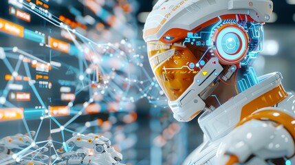 Futuristic robot working on data visualization holographic interface in a hi-tech environment showcasing advanced AI technology.