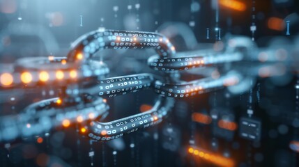 Digital representation of a blockchain with glowing connections and data blocks, showcasing modern technology and secure transactions.