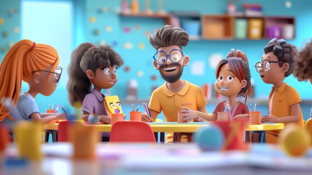 Teacher helping students with a group project, round tables, collaborative learning environment, and vibrant classroom setting