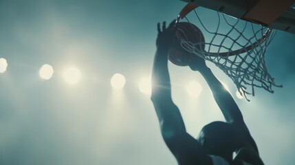 A dramatic shot of a basketball player leaping towards the hoop for a slam dunk with the stadium lights casting a glow on the court and the crowd roaring in the background