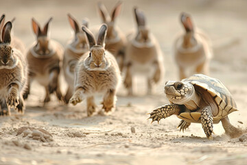 Naklejka premium Turtle running in a race leading a group of rabbits, symbolizing strategy and determination