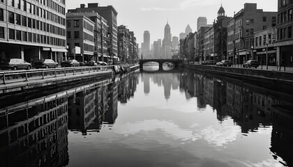 Naklejka premium Cityscape reflection in a canal.