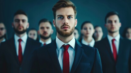 A group of men in suits and ties are standing together, with one man in the center of the group. The man in the center is wearing a red tie and has a serious expression on his face