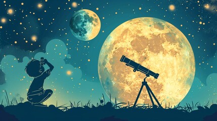 Naklejka premium Kid with a telescope watching the moon, illustration, low angle, lunar fascination