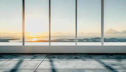 Fototapeta premium Modern office building, glass windows, evening ambiance, empty urban plaza
