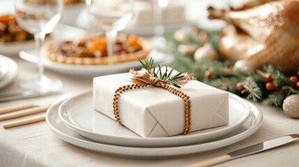 Elegant holiday table setting with a wrapped gift on a plate, festive decorations, dishes, and a roast turkey in the background.