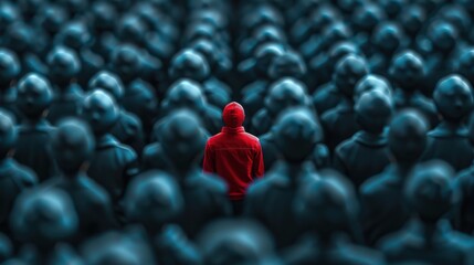 Obraz premium A person stands out in a crowd of people wearing a red jacket. Concept of loneliness and isolation, as the person is the only one wearing a red jacket in the sea of black