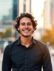 Obraz premium Smiling Young Man in Urban Setting During Golden Hour