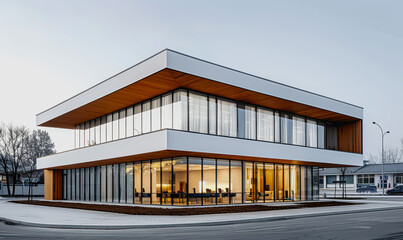 Obraz premium Modern office building, glass windows, evening ambiance, empty urban plaza