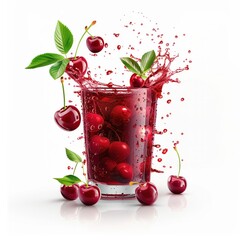 Splashing cherry juice in a glass with fresh cherries isolated on a white background. Healthy drink concept.