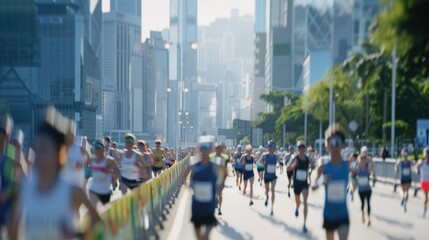 Obraz premium Energetic City Marathon Race in Full Swing on Sunny Day, blur people