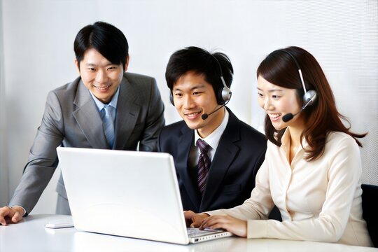 Asian Customer Service Team Collaborating in Meeting
