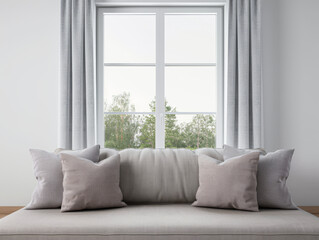 Fototapeta premium Minimalist interiors designer living room with decor pillows, natural window lighting and copy space. Luxury property interiors with minimal decor for realty ads in neutral colors.