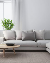 Naklejka premium Minimalist interiors designer living room with decor pillows, natural window lighting and copy space. Luxury property interiors with minimal decor for realty ads in neutral colors.