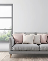 Fototapeta premium Minimalist interiors designer living room with decor pillows, natural window lighting and copy space. Luxury property interiors with minimal decor for realty ads in neutral colors.