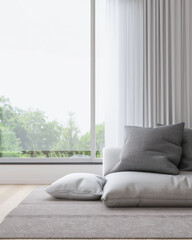 Fototapeta premium Minimalist interiors designer living room with decor pillows, natural window lighting and copy space. Luxury property interiors with minimal decor for realty ads in neutral colors.