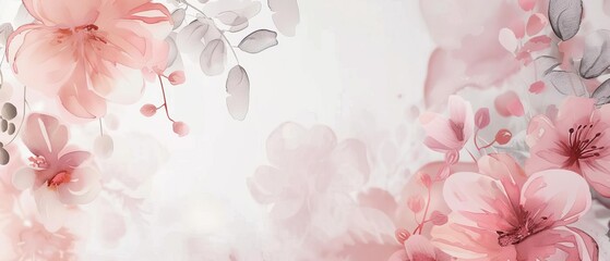 Elegant watercolor floral background with soft pink and gray tones, featuring delicate flowers and leaves. Perfect for weddings or invitations.